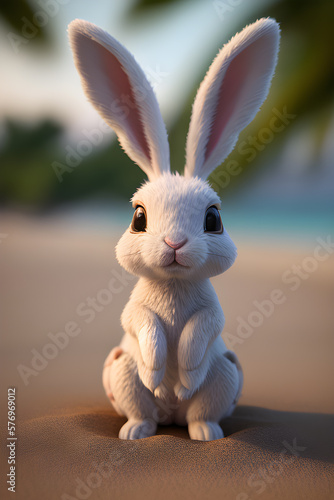 Cute white rabbit   in the beach summer concept. Ai generative.