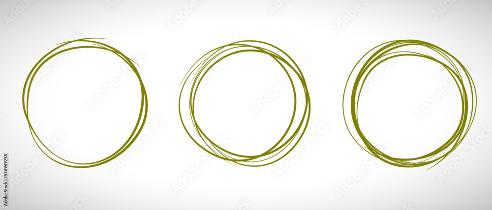 Green circle line hand drawn set. Highlight hand drawing circle isolated on background. Round handwritten circle. For marking text, note, mark icon, number, marker pen, pencil and text check, vector