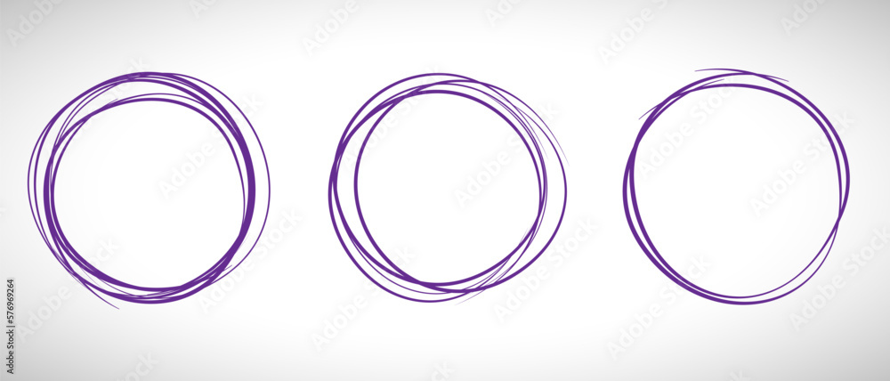 Violet circle line hand drawn set. Highlight hand drawing circle isolated on background. Round handwritten circle. For marking text, note, mark icon, number, marker pen, pencil and text check, vector Violet circle line hand drawn set. Highlight hand drawing circle isolated on background. Round handwritten circle. For marking text, note, mark icon, number, marker pen, pencil and text check, vector