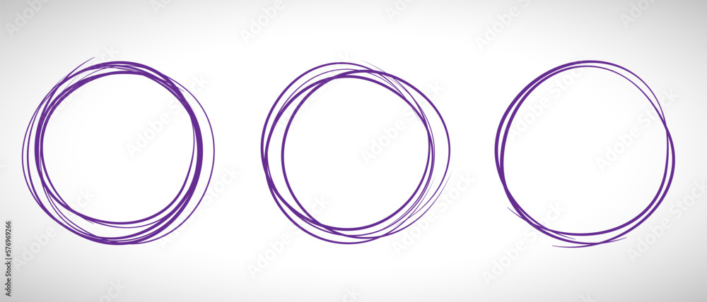 Violet circle line hand drawn set. Highlight hand drawing circle isolated on background. Round handwritten circle. For marking text, note, mark icon, number, marker pen, pencil and text check, vector Violet circle line hand drawn set. Highlight hand drawing circle isolated on background. Round handwritten circle. For marking text, note, mark icon, number, marker pen, pencil and text check, vector