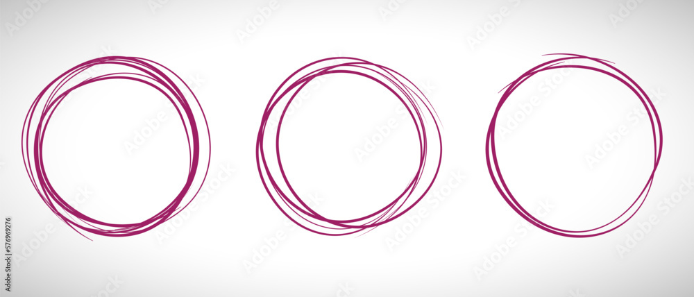 Purple circle line hand drawn set. Highlight hand drawing circle isolated on background. Round handwritten circle. For marking text, note, mark icon, number, marker pen, pencil and text check, vector Purple circle line hand drawn set. Highlight hand drawing circle isolated on background. Round handwritten circle. For marking text, note, mark icon, number, marker pen, pencil and text check, vector