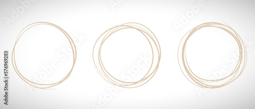 Beige circle line hand drawn set. Highlight hand drawing circle isolated on background. Round handwritten circle. For marking text, note, mark icon, number, marker pen, pencil and text check, vector