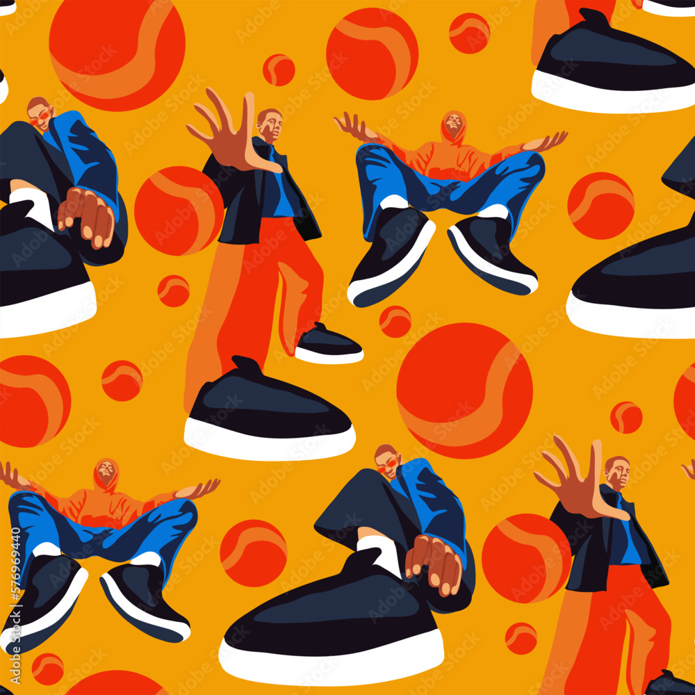 Obraz premium A pattern with modern fashionable guys in big sneakers with a basketball. Background for stores in the marketing section. A bright, modern advertising banner with a fashionable sale of stylish things.
