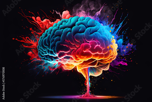 Colorful human brain exploding with knowledge and creativity. Science fantasy concept. Generative AI photo