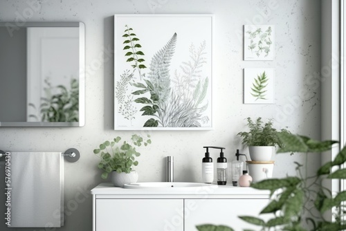 A white vanity with trendy decorations sits in a bright, plant filled, white bathroom. Generative AI