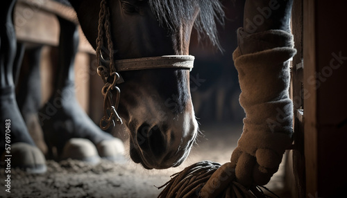 Horse stable with a close-up of a stable hand tending to a horse's hoof, showing the intricacies of the care required to keep these animals healthy and happy Generative AI
