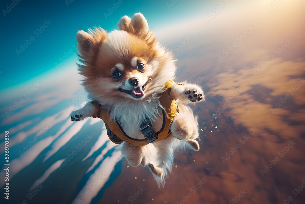 Athletes pomeranian spitz dog frightened muzzle skydivers in suit jump from an airplane falling
