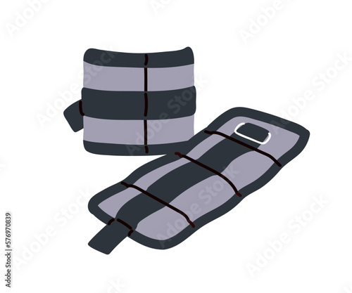 Wrist and ankle weights with adjustable straps. Heavy wearable sport and fitness accessory for strength training, workout, power exercise. Flat vector illustration isolated on white background