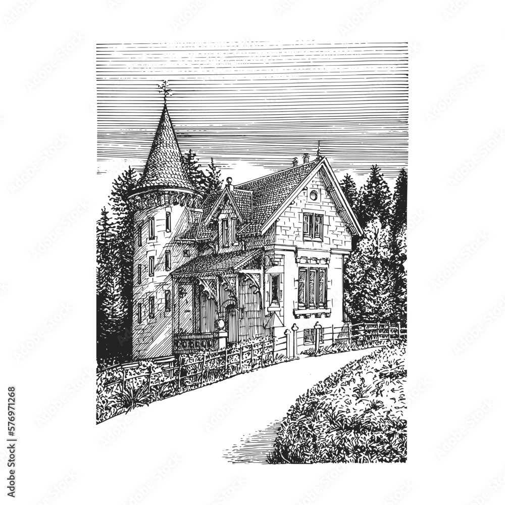 Old baronial house, drawn illustration in vector