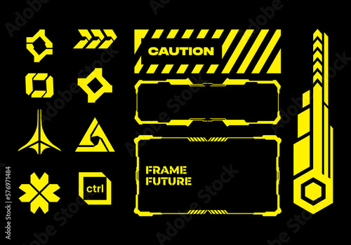 HUD futuristic frame border streetwear elements pack caution yellow line cyber sci-fi, icon symbol cyberpunk