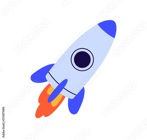 Rocket ship launched to space. Flying cosmos shuttle, rocketship taking off with fire engine. Business booster, startup, future, aim concept. Flat vector illustration isolated on white background