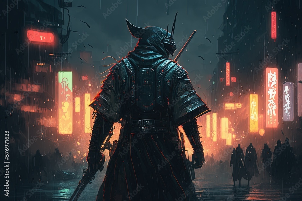 Samurai against a stormy night in a neon metropolis. Nighttime rain, neon lit streets. Dark city streets, thick smoke and smog, a lone samurai, and a hazy background. Generative AI