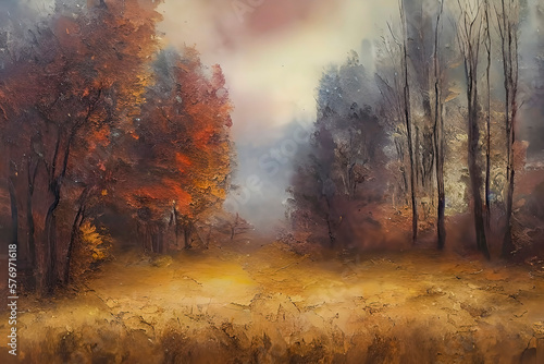 Painted Forest in Autumn: Vintage Oil Painting of a Serene Woodland