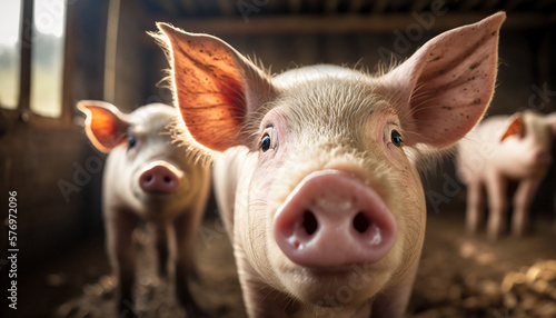 Pig farm with a close-up of a pig's face, showing the intricate details of the snout and ears as the pig looks directly at the viewer Generative AI © Starlight