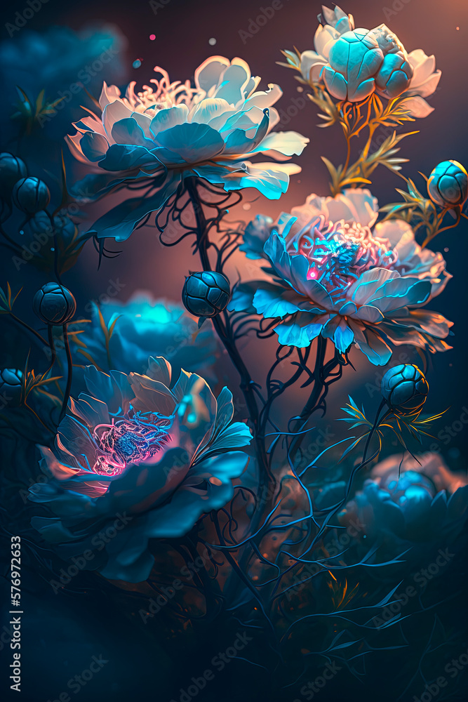 Light effects under the spectrum of beautiful light baby blue peony flowers. Generative AI