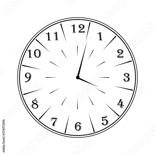 A round clock with a dial and hands. Transparent background
