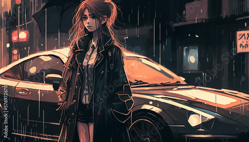 The Drizzling Beauty: A 2D Anime Woman in Front of a Luxurious Car on a Rainy Day. Generative Ai