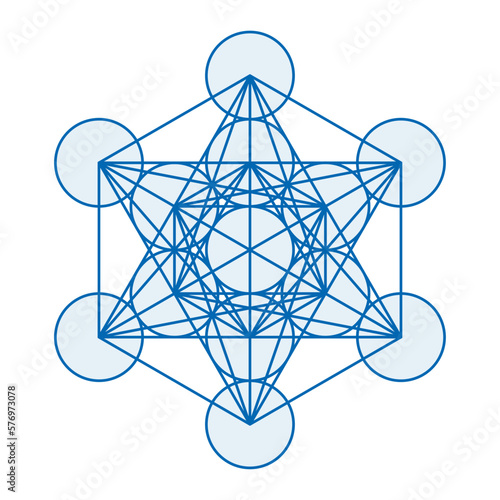 Blue Metatrons Cube. A mystical symbol, derived from the Flower of Life. All centers of the thirteen circles are connected through straight lines. Sacred Geometry. Illustration on white background.