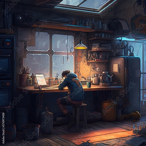Anime boy studying at home. Generative AI