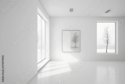 White minimalistic interior with a winter landscape outside the window. Generative AI