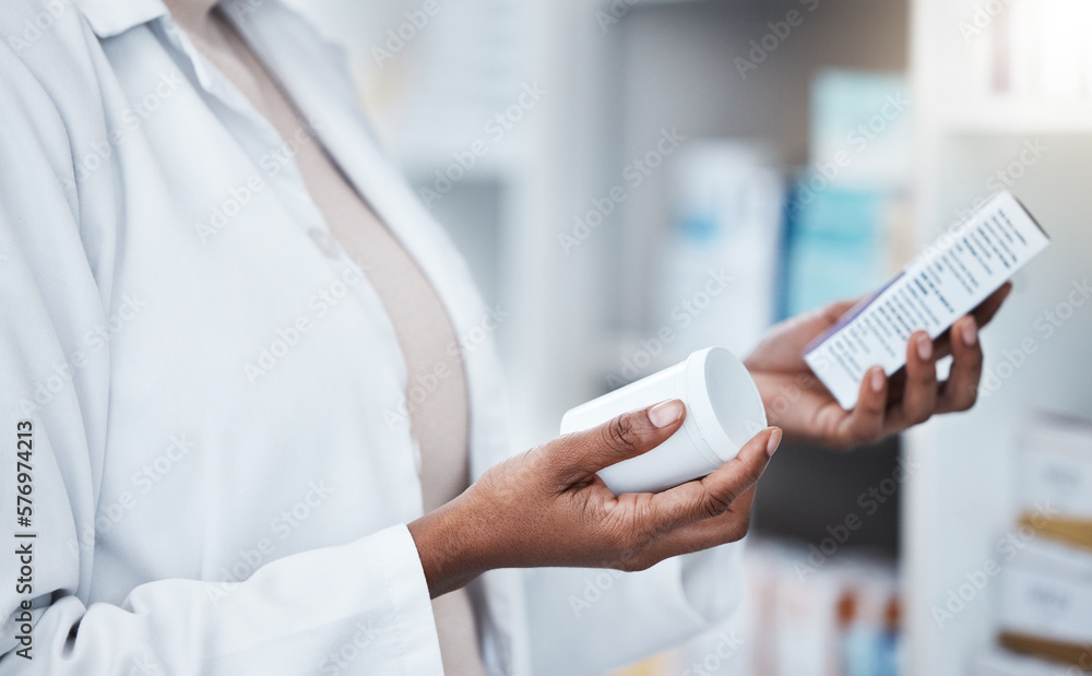 Hands, pharmacy and choice with box, medicine and decision with prescription for healthcare. Pharmacist, black woman and pharmaceutical pills for health, wellness or medical store with stock on shelf Hands, pharmacy and choice with box, medicine and decision with prescription for healthcare. Pharmacist, black woman and pharmaceutical pills for health, wellness or medical store with stock on shelf