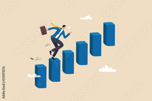 Foto Career advancement, development or business growth, progress to more responsibility, salary or job promotion, improvement opportunity concept, success businessman step up growing bar graph stairs