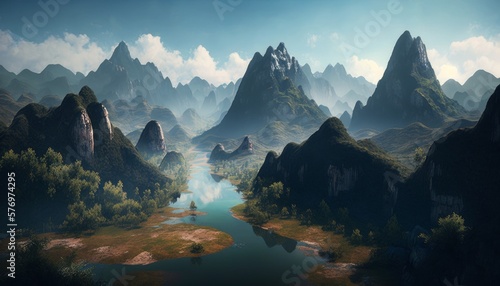 Fantasy landscape with mountains and lake. Generative AI