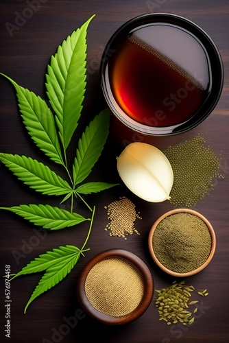 Marijuana herbal tea in a glass and cannabis leaves