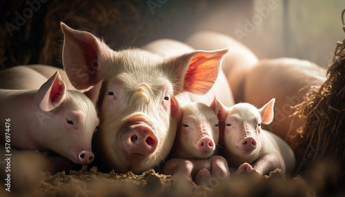 Pig farm with a focus on the mother pigs and their piglets, showcasing the cute and endearing nature of these animals as they snuggle together in their pens Generative AI