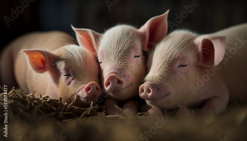 Pig farm with a focus on the mother pigs and their piglets, showcasing the cute and endearing nature of these animals as they snuggle together in their pens Generative AI