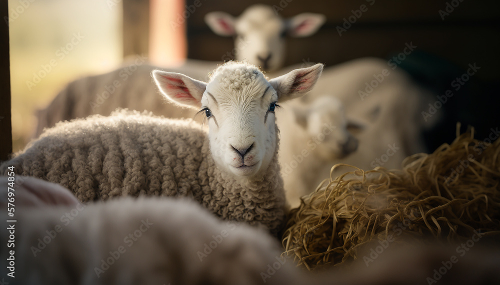 Sheep farm with a close-up of a newborn lamb snuggled up to its mother Generative AI