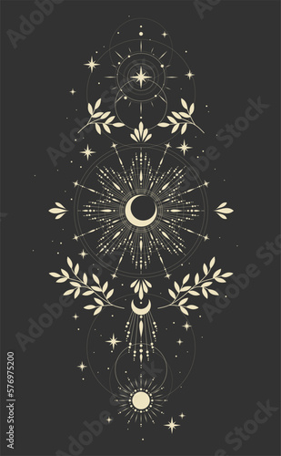 Mystical drawing of the sun , tarot cards, boho illustration, magic card. Vector hand drawing