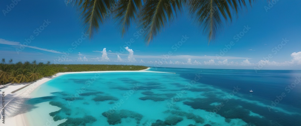 Tropical island in the ocean with palm trees and white sand. Generative AI.