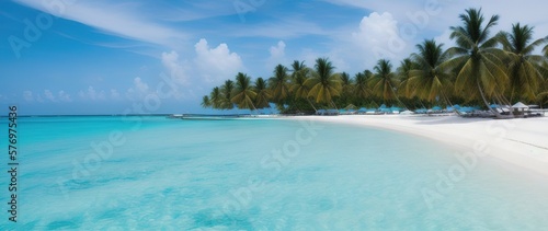 Tropical island in the ocean with palm trees and white sand. Generative AI. © Mountains Hunter