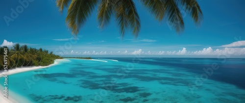 Tropical island in the ocean with palm trees and white sand. Generative AI.