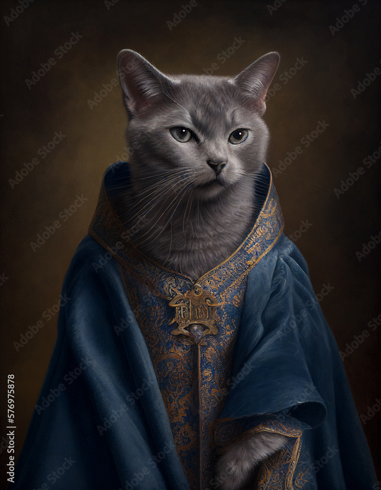 Naklejka premium Royal Portrait Painting of a Russian Blue Cat Dressed like a British King | Generative AI
