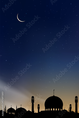 Islamic card with Mosques dome,Crescent moon on blue sky background,Vertical banner Ramadan Night with twilight dusk sky for Islamic religion,Eid al Adha,Eid Mubarak,Eid al fitr,Ramadan Kareem