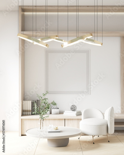 Cream white luxury living room wall poster frame mockup Modern minimalist interior design decoration style. Artwork concept mockup in interior design. 3D rendering, 3D illustration. photo