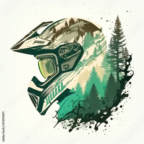 a person riding a orange motorcycle Motocross Dirt Bike in the forest cartoon Extreme Sports in Nature. Created with Generative AI technology.