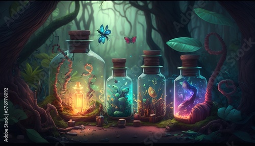 An AI Generated illustrations of magical jars placed in the jungle,
