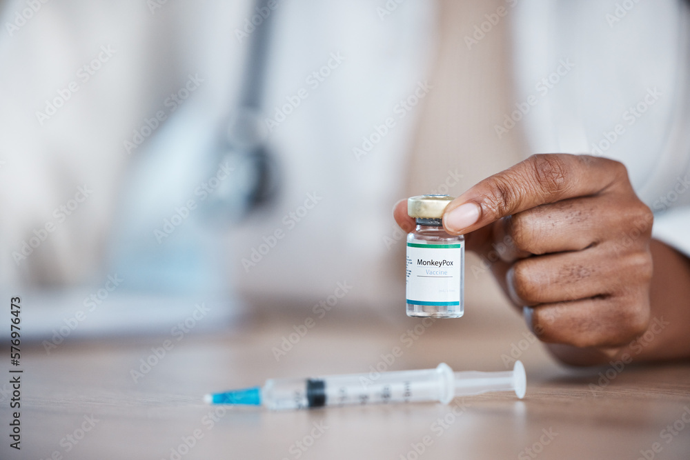 Monkeypox vaccine, medical hands and doctor with medicine bottle, healthcare or booster vial for disease protection. Hospital nurse mockup, pharmacy pharmacist and black woman with virus immunization Monkeypox vaccine, medical hands and doctor with medicine bottle, healthcare or booster vial for disease protection. Hospital nurse mockup, pharmacy pharmacist and black woman with virus immunization