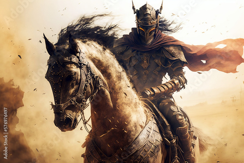 Fantasy knight riding a fast horse on white background. Generative AI