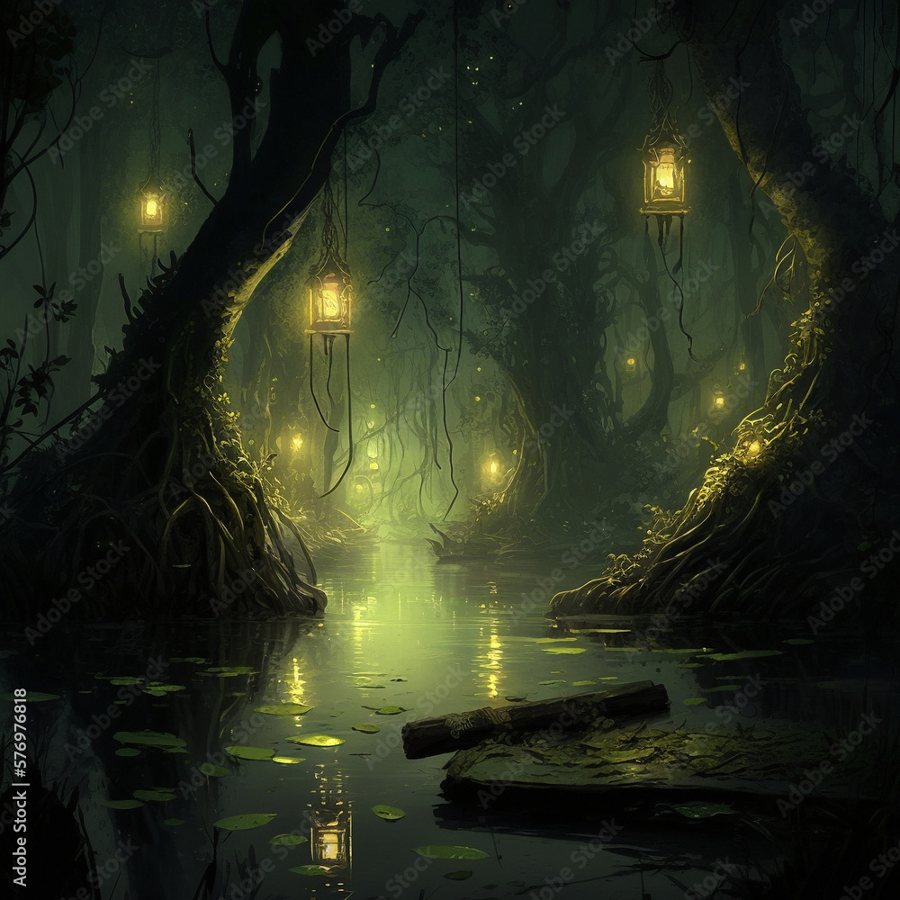 Mysterious lanterns in the swamp. High quality illustration