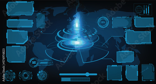 digital interface HUD elements set pack. User Interface, frame screens. Callouts titles, FUI circle set, Loading bars. Dashboard reality technology screen. Vector	
