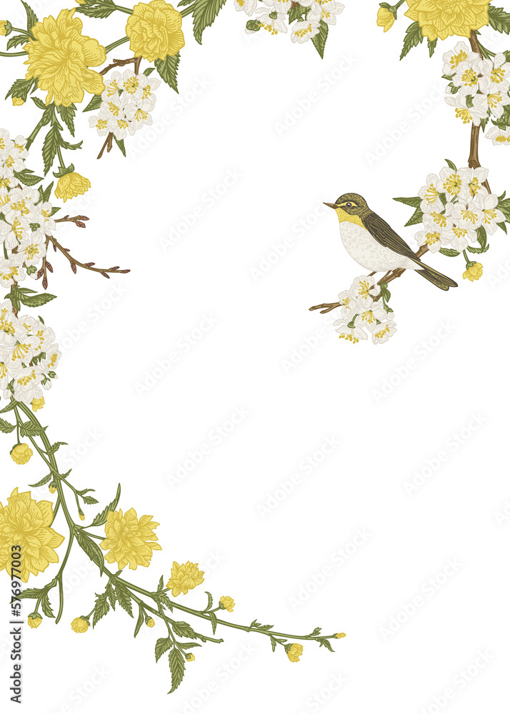 Card with branches and a bird isolated on transparent background. Garland with spring cherry and kerria flowers. Vintage wreath. Easter. Botanical illustration. Colorful.