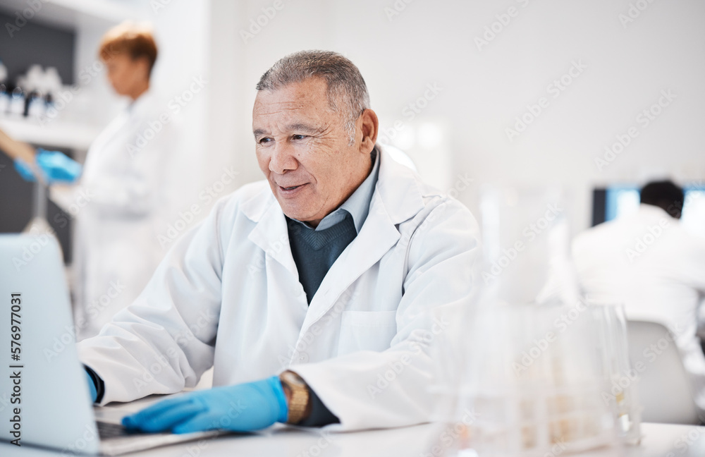 Man, scientist and typing on laptop in lab, medical research with senior phd doctor and enter experiment results online. Scientific innovation, male in biology and digital record of science test Man, scientist and typing on laptop in lab, medical research with senior phd doctor and enter experiment results online. Scientific innovation, male in biology and digital record of science test