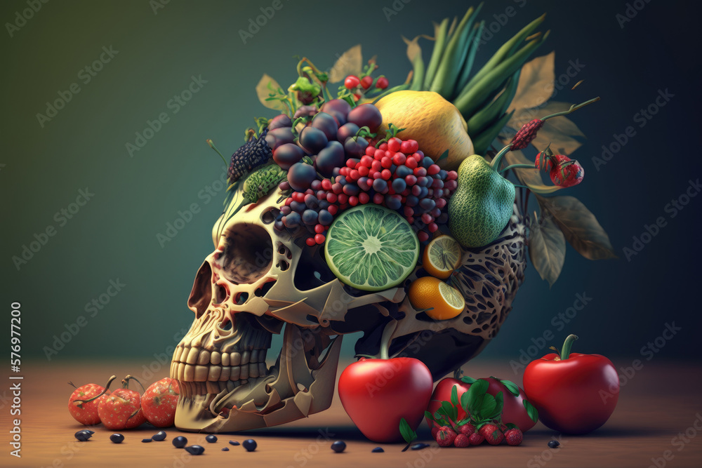 Human skull made from fruits nad vegetables. Healthy life style. Generative AI