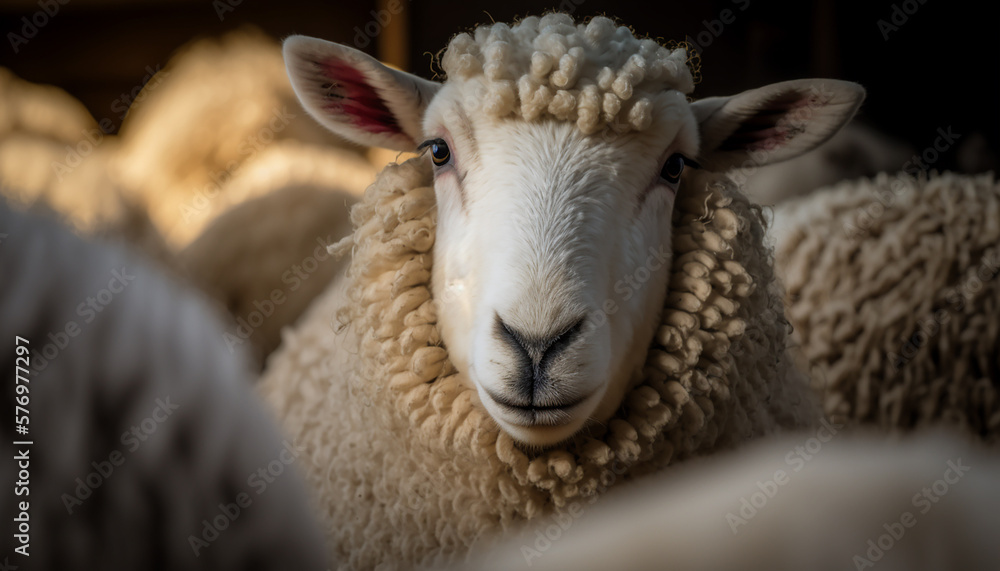 sheep farm, A close-up of a sheep's face as it chews on a tuft of hay Generative AI