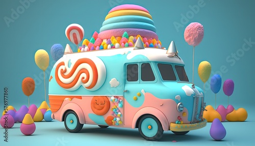 Candy Truck Shop, Colorful, 3D, Generative AI. photo