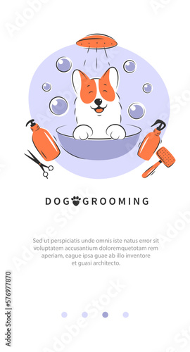 Dog pet grooming. Animal hair grooming salon logo, haircuts, bathing. Cartoon Corgi dog taking a bath full of soapy suds.Vector illustration